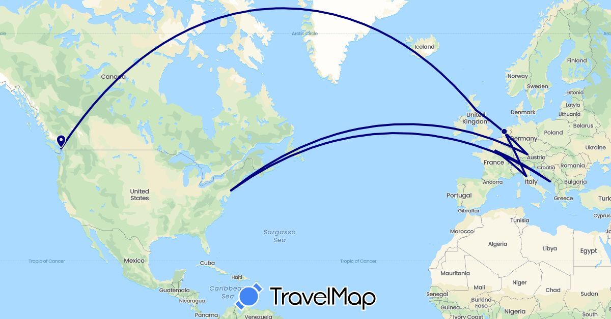 TravelMap itinerary: driving in Canada, Germany, France, United Kingdom, Croatia, Italy, Netherlands, United States (Europe, North America)