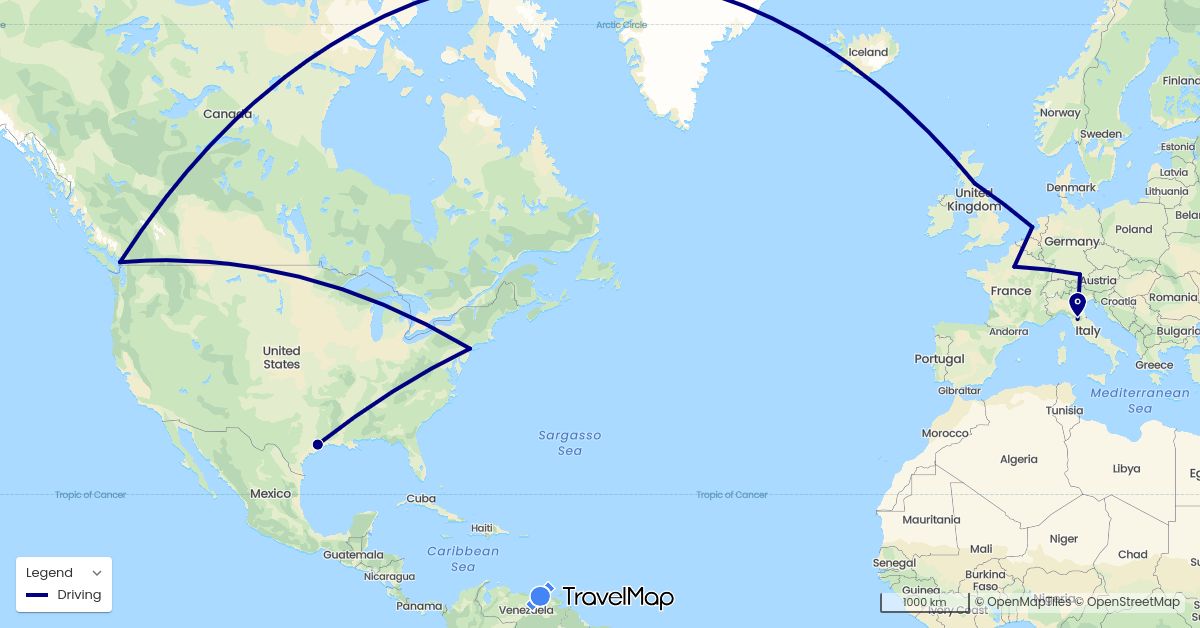 TravelMap itinerary: driving in Canada, Germany, France, United Kingdom, Italy, Netherlands, United States (Europe, North America)